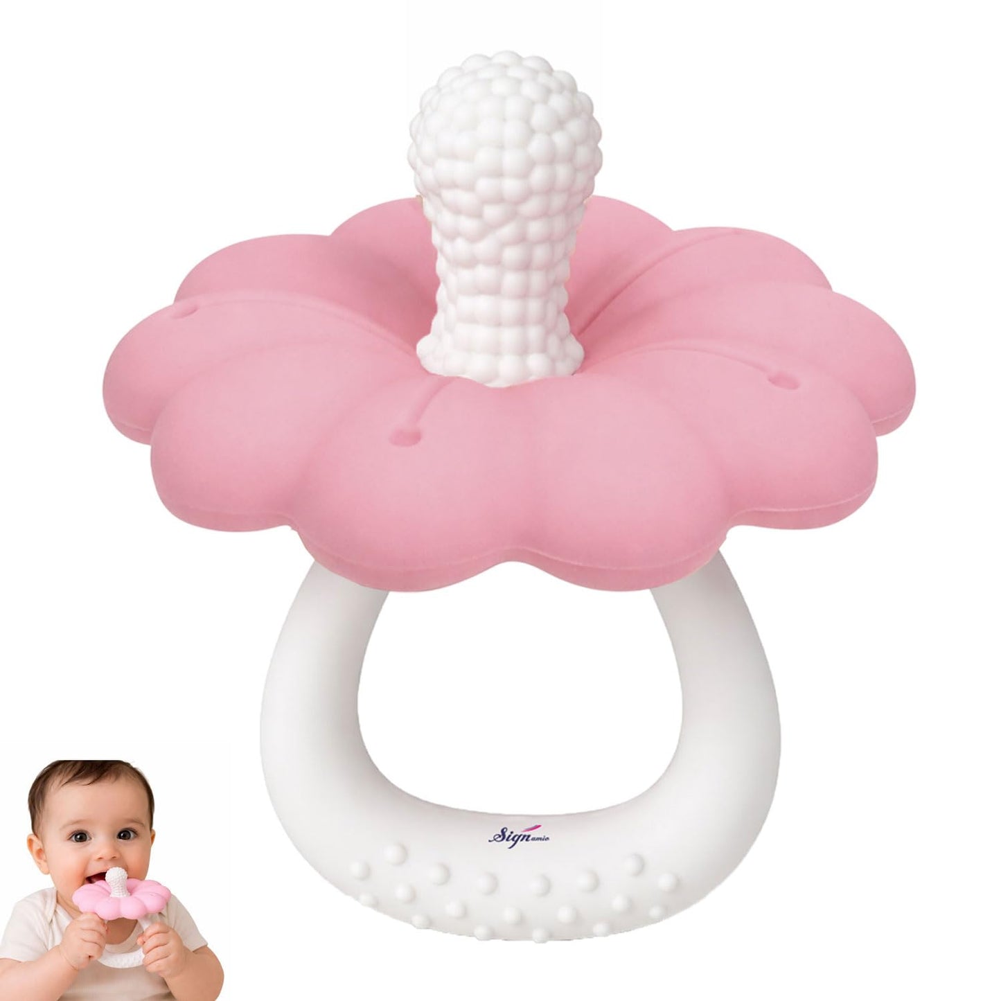 Signamio Silicone Teether for Baby, BPA Free - Food Grade, Non Toxic PVC Free, Easy Grip Handle, Soft Edges, Baby Teethers for 6 to 12 Months, Teethers for 3 to 6 Months, Soft - Pink