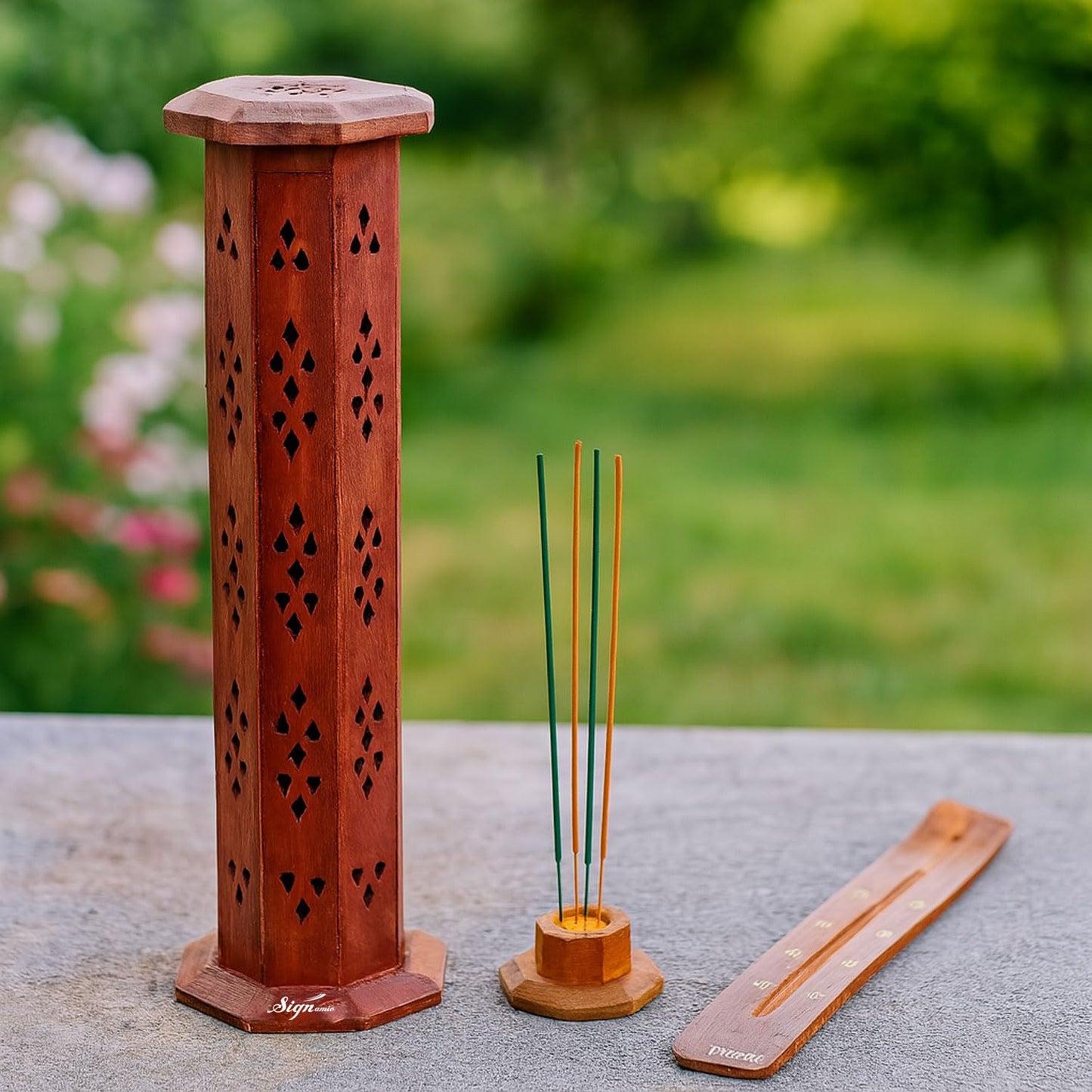 SIGNAMIO® 2pcs Wooden Tower Agarbatti and Dhoop Holder Premium Incense Stick Stand with Ash Catcher for Pooja Room Decoration - Puja Items for Home Mandir & Agarbatti Stand Holder with Storage Box