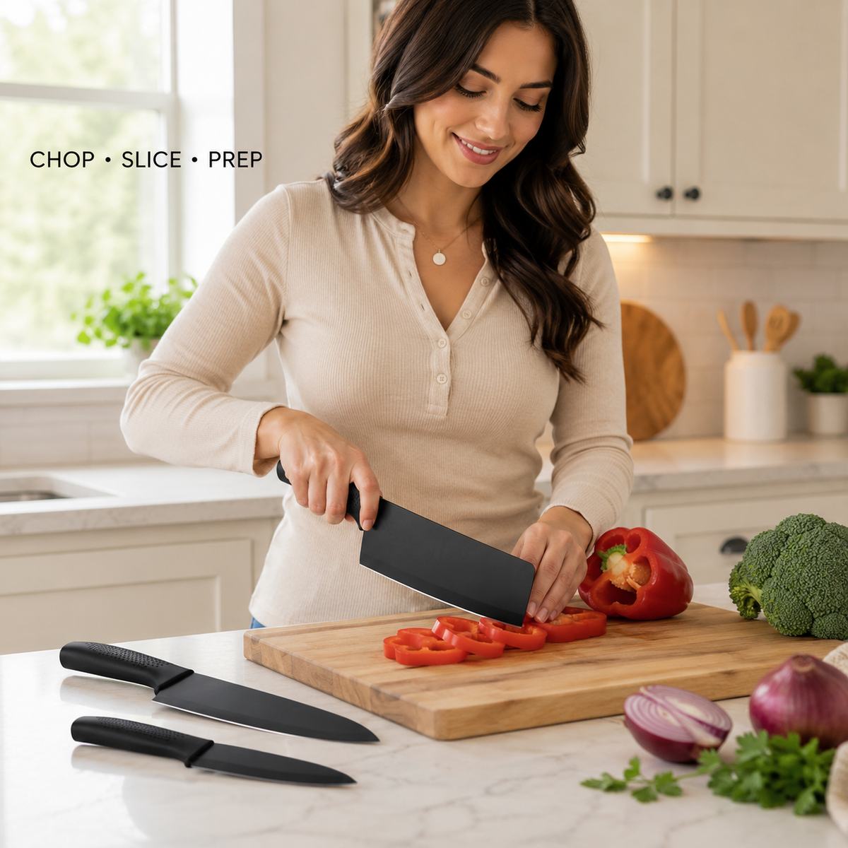 3 Pcs Kitchen Knife Set - Black-(Packing-Loose)