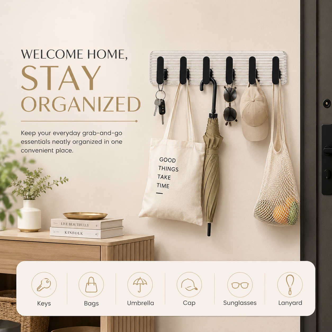 Self Adhesive Wall Hooks Black 6 pcs -