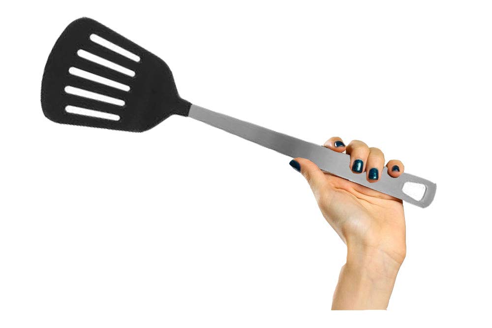 SIGNAMIO® Black Nylon Slotted Turner Spatula for Non Stick Pan - Steel Handle, Ideal for Dosa, Omelet, and Roti Cooking, 30.x 5.CM