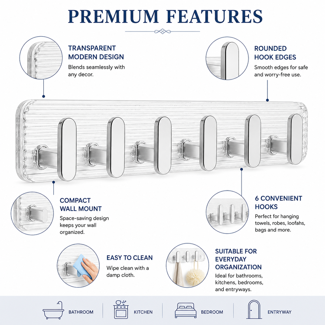 Self Adhesive Wall Hooks Silver 6 pcs -