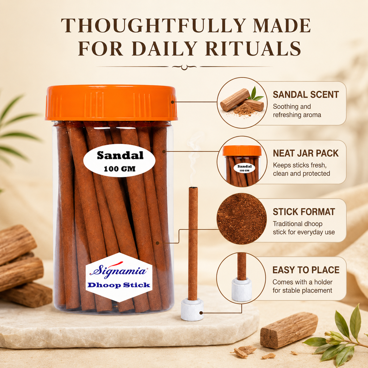 Premium Dhoop Stick 100gm - Sandal -(Packing-Jar)