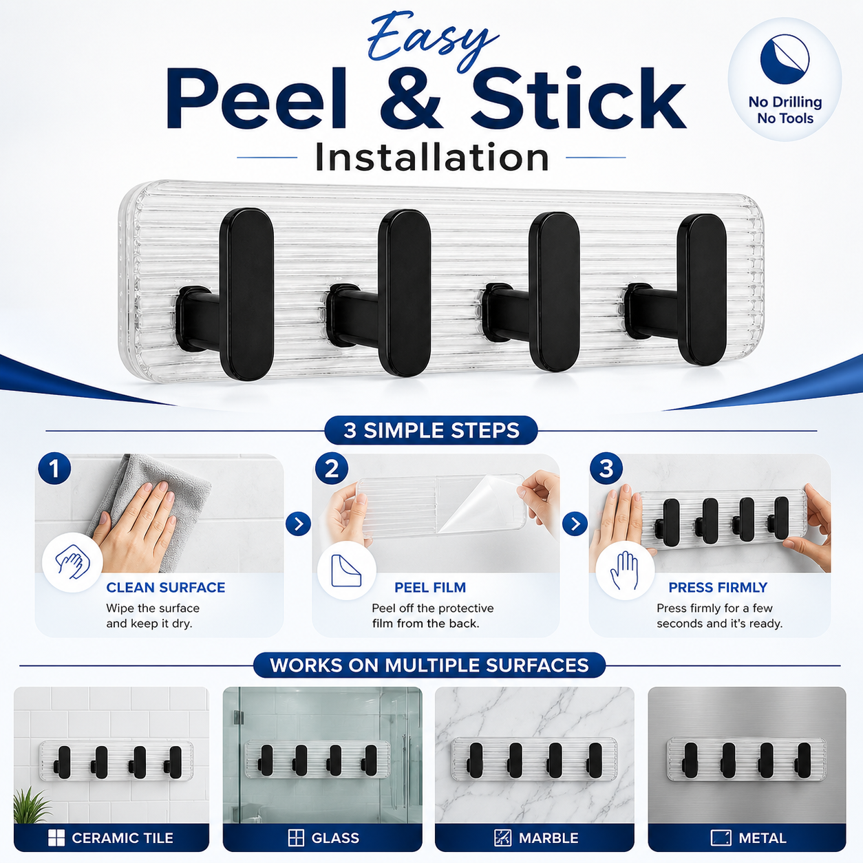 Self Adhesive Wall Hooks Black 8 pcs -