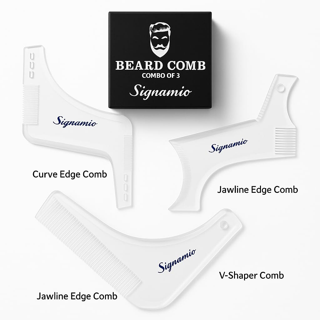 SIGNAMIO Set of 3 Multi Purpose Transparent Beard Shaper tool for Men | Beard Shaping Stencil Comb for men styling shave for neck line guide - Grooming kit