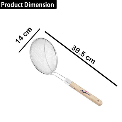 Signamio Diameter 14 cm Stainless Steel Deep Fry Net Spoon Oil Strainer for Kitchen - Frying Spoon for Puri & Poori Strainer Kitchen Utensil for Frying, Cooking & Straining Tool Wood Handle