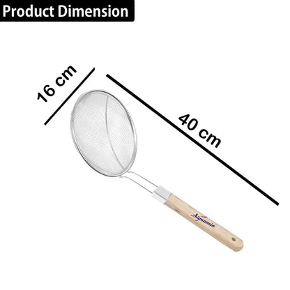 Signamio Diameter 16 cm Stainless Steel Deep Fry Net Spoon Oil Strainer for Kitchen - Frying Spoon for Puri & Poori Strainer Kitchen Utensil for Frying, Cooking & Straining Tool Wood Handle