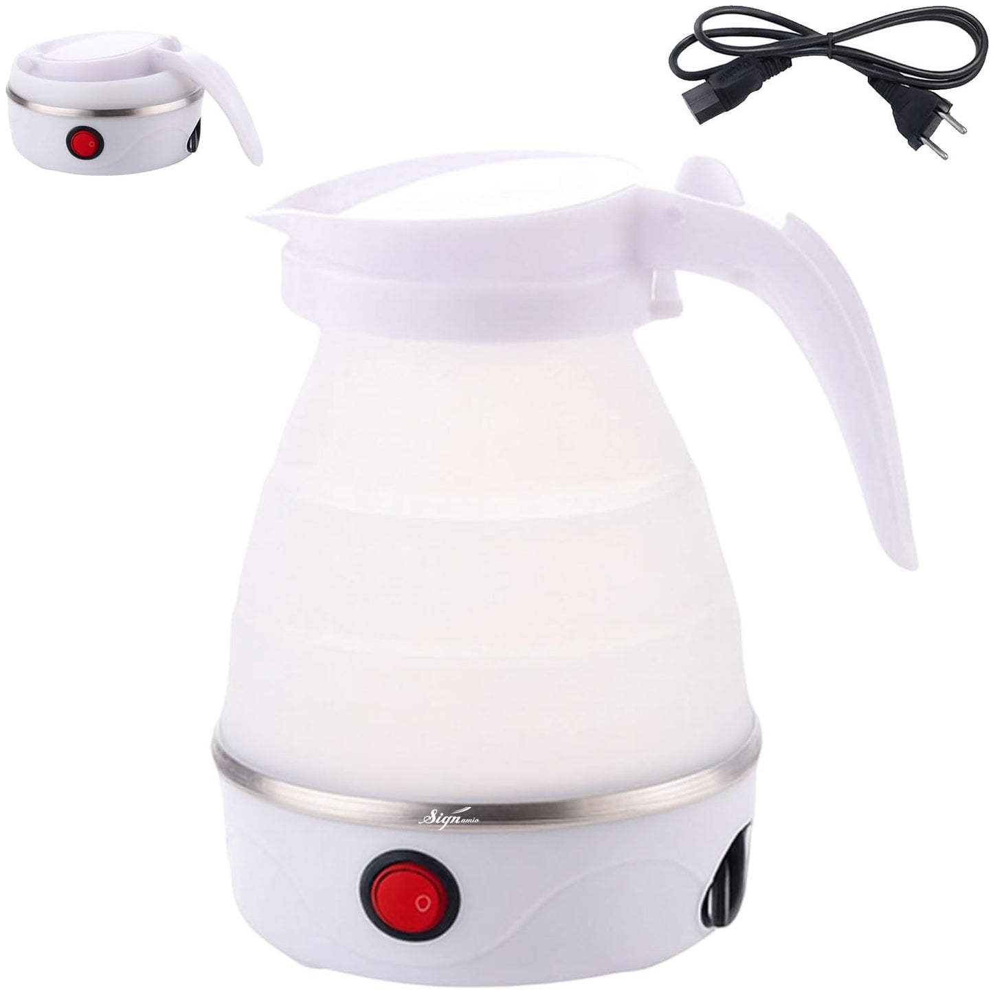Signamio Electric Kettle - Portable for Travel, Foldable Silicone Travel Kettle, Compact and Lightweight, Ideal for Camping,Office, and Hotel Use, Quick Boil - 220V-600ML - White