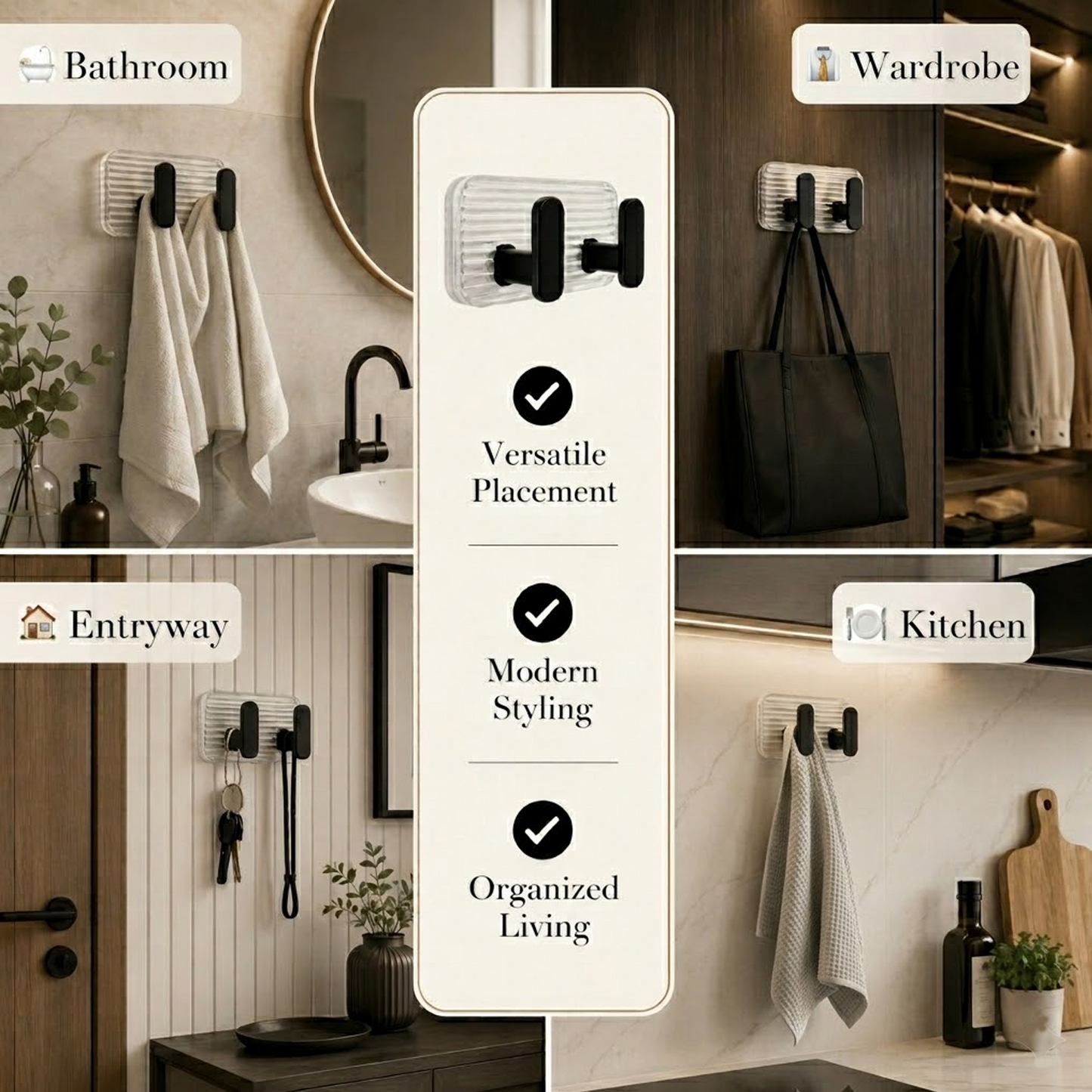 Self Adhesive Wall Hooks Black 8 pcs -
