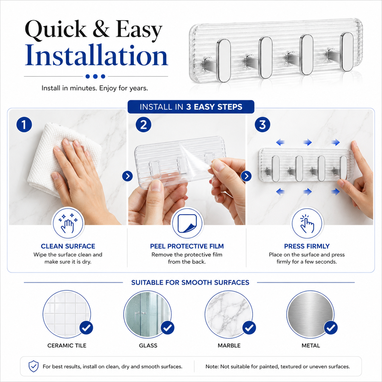 Self Adhesive Wall Hooks Silver 8 pcs -