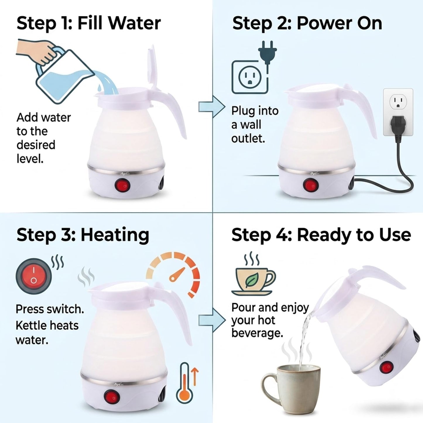 Signamio Electric Kettle - Portable for Travel, Foldable Silicone Travel Kettle, Compact and Lightweight, Ideal for Camping,Office, and Hotel Use, Quick Boil - 220V-600ML - White