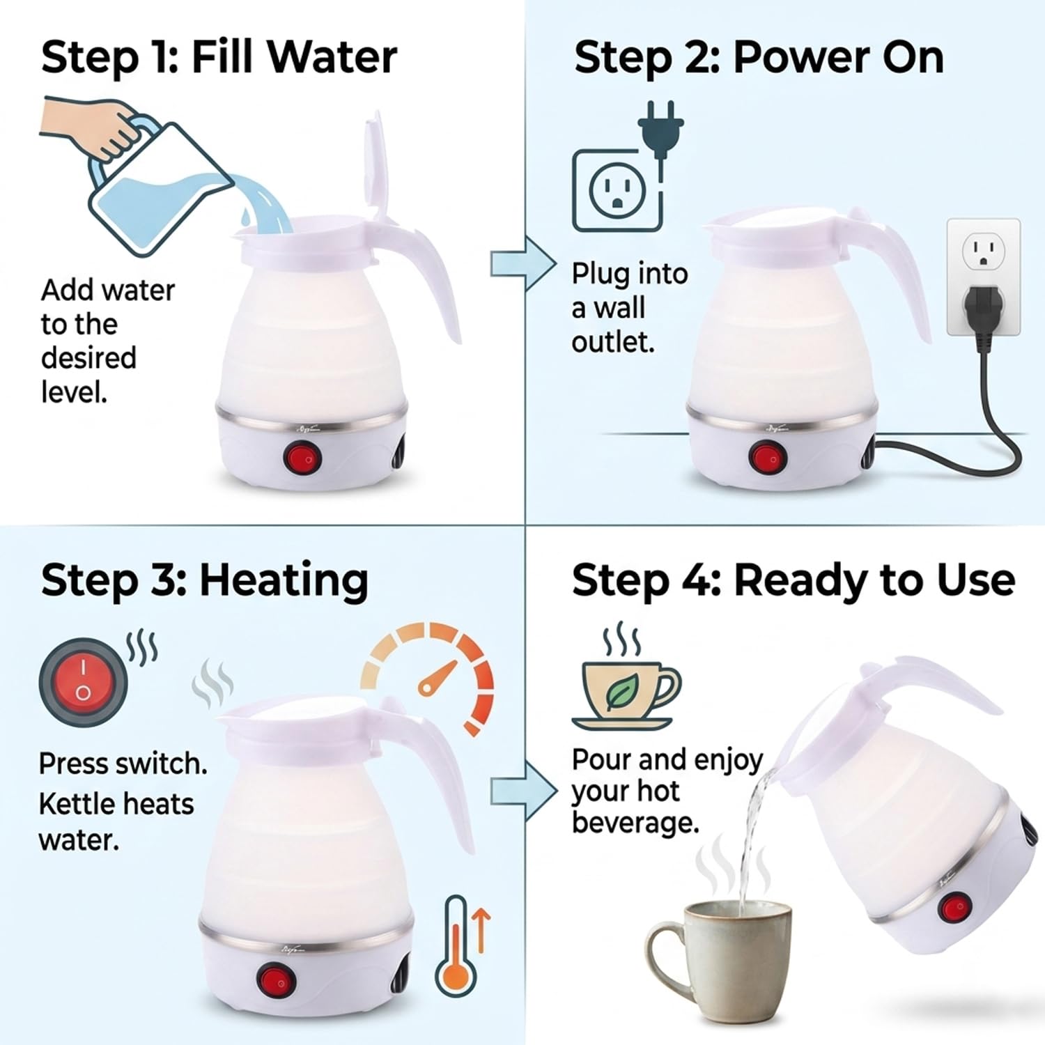 Signamio Electric Kettle - Portable for Travel, Foldable Silicone Travel Kettle, Compact and Lightweight, Ideal for Camping,Office, and Hotel Use, Quick Boil - 220V-600ML - White