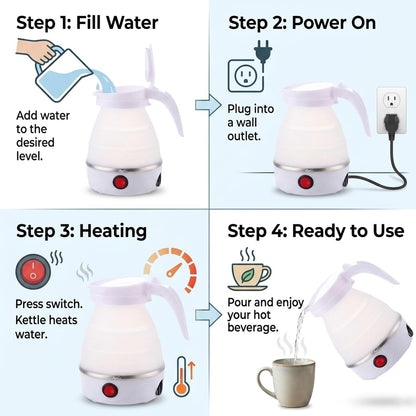 Signamio Electric Kettle - Portable for Travel, Foldable Silicone Travel Kettle, Compact and Lightweight, Ideal for Camping,Office, and Hotel Use, Quick Boil - 220V-600ML - White