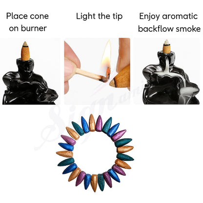 SIGNAMIO Wood Back Flow For Incense Holder Burner Back Flow Incense Cones, Aromatherapy Ornament Home Decor-100-Pcs-Cone-Multi Color
