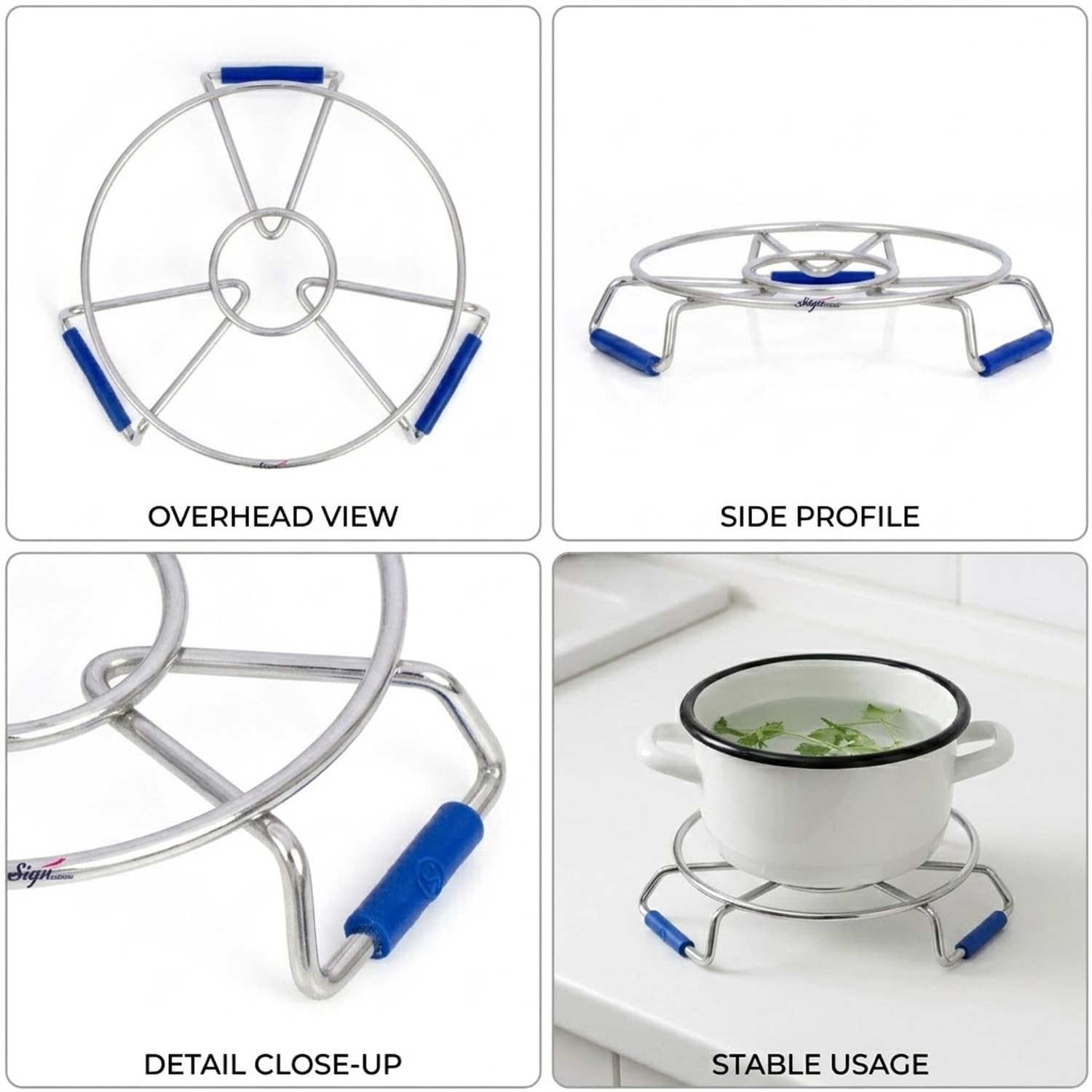 Signamio Steel Hot Pot Stand Set of 3 | Stainless Steel Trivet for Hot Dishes | Hot Utensil Stand for Kitchen & Dining Table | Cooker Stand for Hot Vessels | Heat Resistant Pot Holder