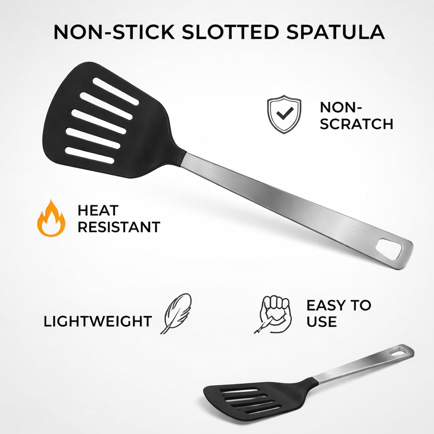 SIGNAMIO® Black Nylon Slotted Turner Spatula for Non Stick Pan - Steel Handle, Ideal for Dosa, Omelet, and Roti Cooking, 30.x 5.CM