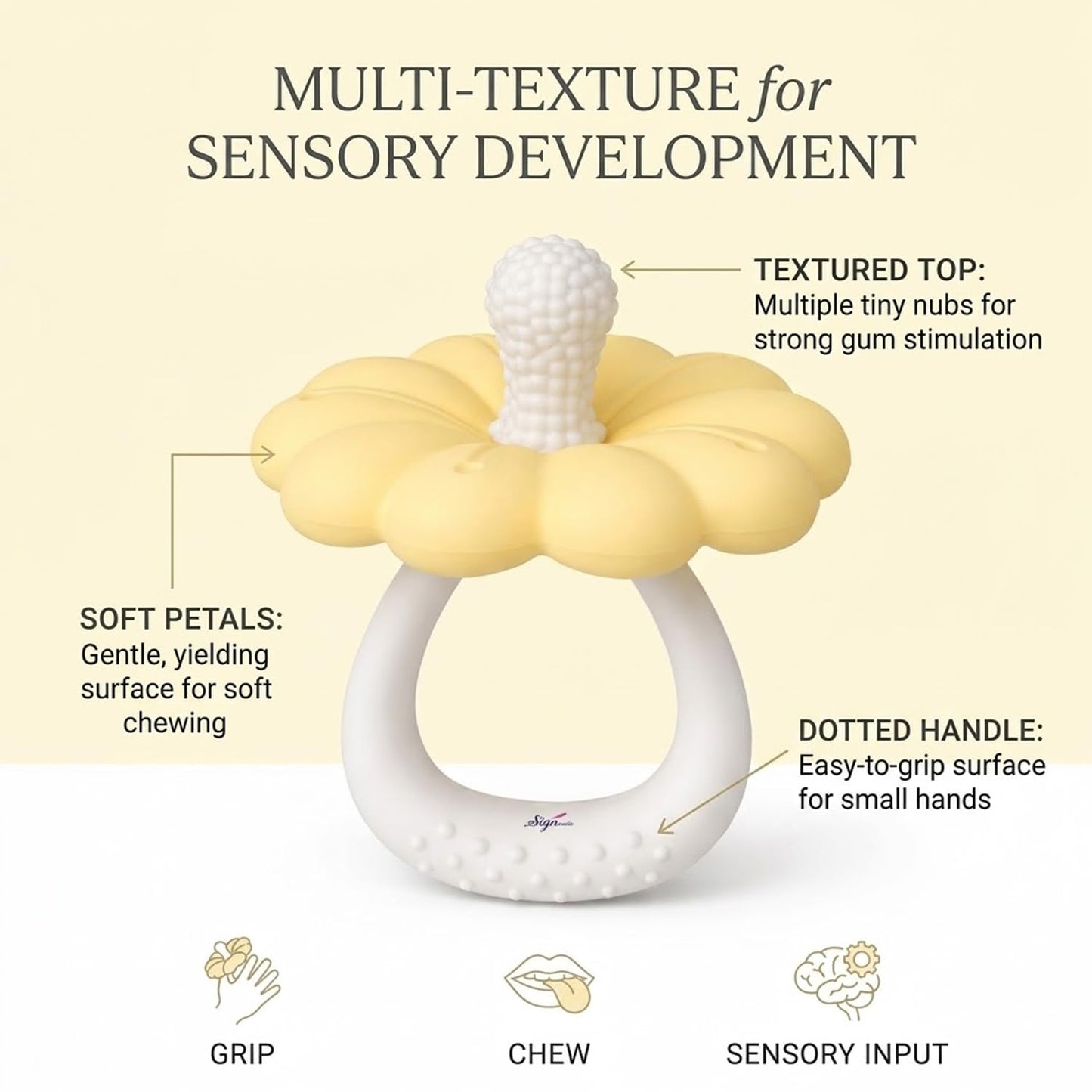 Signamio Silicone Teether for Baby, BPA Free - Food Grade, Non Toxic PVC Free, Easy Grip Handle, Soft Edges, Baby Teethers for 6 to 12 Months, Teethers for 3 to 6 Months, Soft - Yellow