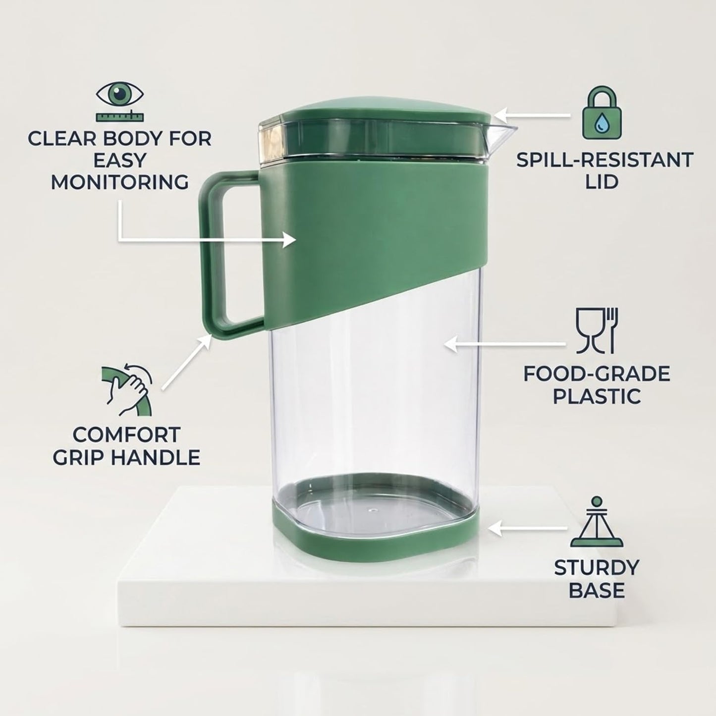 Signamio 1800 ML Water Jug with Lid & Handle | Plastic Juice Jug for Water, Juice & Beverages | Water Jug for Dining Table | Easy Pour Serving Pitcher for Home, Kitchen & Refrigerator - Pista