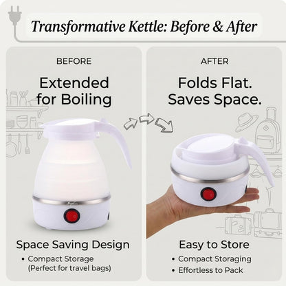Signamio Electric Kettle - Portable for Travel, Foldable Silicone Travel Kettle, Compact and Lightweight, Ideal for Camping,Office, and Hotel Use, Quick Boil - 220V-600ML - White