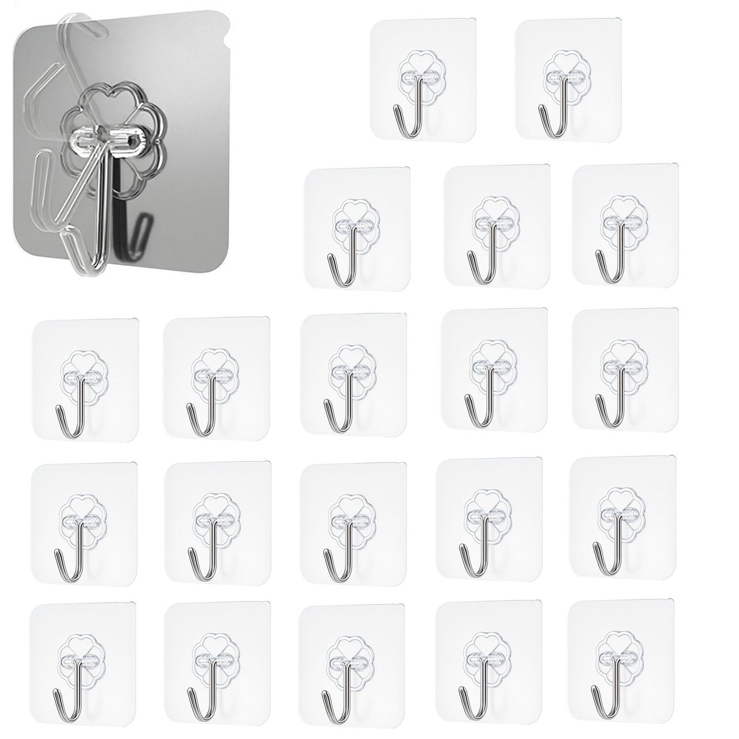 SIGNAMIO 8 Hook Self Adhesive Wall Hooks for Wall Heavy Items, Adhesive Wall Hook, Wall Hooks for Hanging Clothes, Kitchen & Bathroom Accessories, Stick On Hooks for Wall Without Drill -Silver