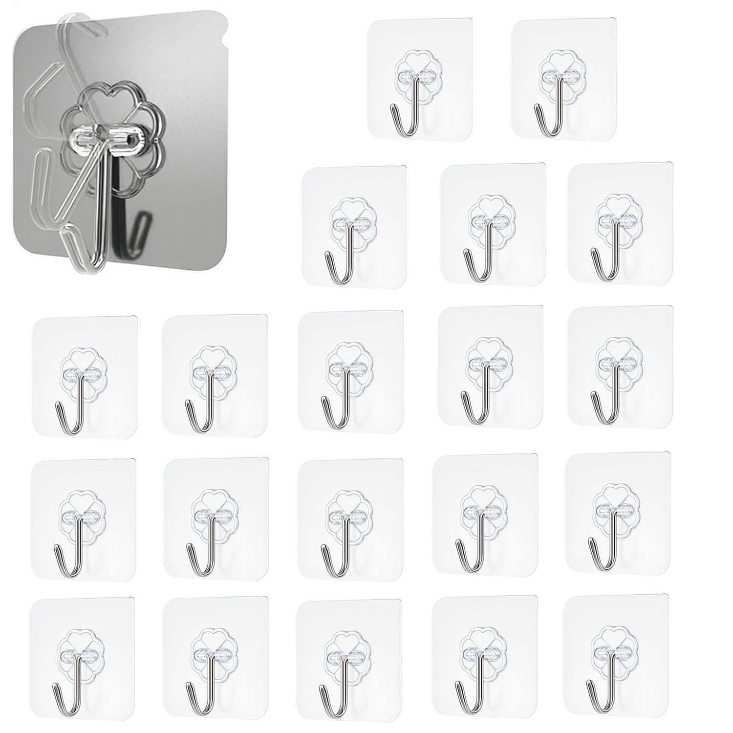 SIGNAMIO 8 Hook Self Adhesive Wall Hooks for Wall Heavy Items, Adhesive Wall Hook, Wall Hooks for Hanging Clothes, Kitchen & Bathroom Accessories, Stick On Hooks for Wall Without Drill -Silver