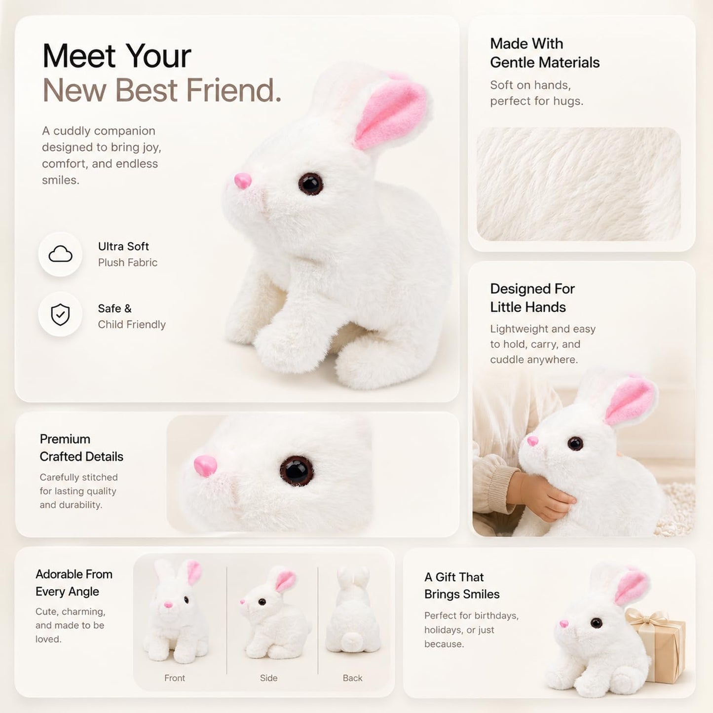 SIGNAMIO Jumping Rabbit Wiggling Ear, Walking Bunny Toy with Sounds, Twitching Mouth and Nose, Bunny Rabbit Toy for Baby Kids - White - 1 Pcs
