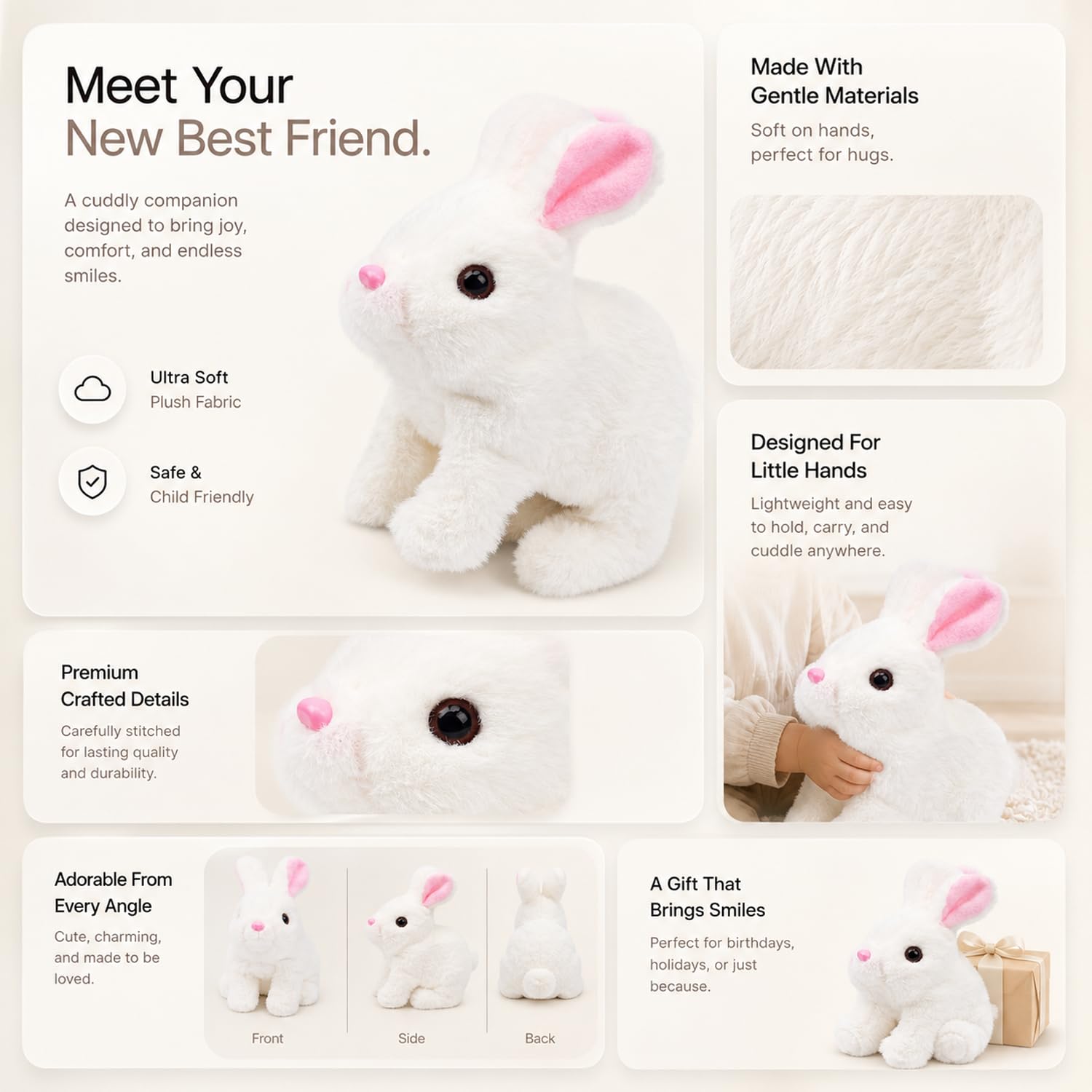 SIGNAMIO Jumping Rabbit Wiggling Ear, Walking Bunny Toy with Sounds, Twitching Mouth and Nose, Bunny Rabbit Toy for Baby Kids - White - 1 Pcs