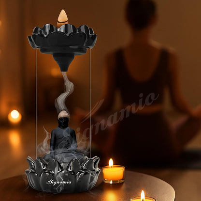 SIGNAMIO Ceramic Buddha Idols For Home Decor Backflow Smoke Fountain - Elegant Buddha Statue Design, Ideal Buddha Idol For Tranquil Ambiance In Your Home Or Office With 30 Cone, Black