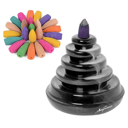 Signamio Ceramic Backflow Incense Fountain - 30 Cones Included for Pooja Meditation, Elegant Backflow Incense Holder, Aesthetic Incense Burner for Decor-DN-15