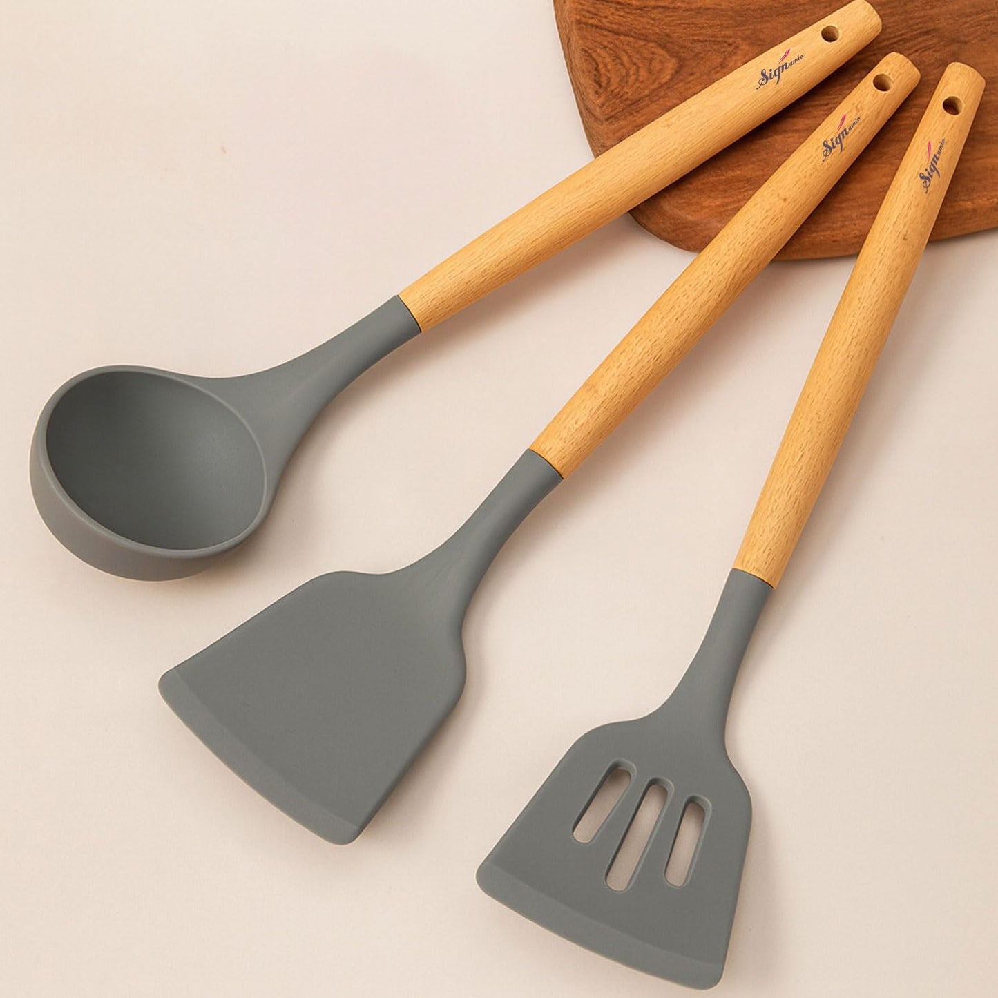 Signamio Silicone Spatula Set with Wooden Handle, 3 Pcs - Premium Cooking Set Ideal for Baking and Cooking, Durable and Heat-Resistant - Grey Color