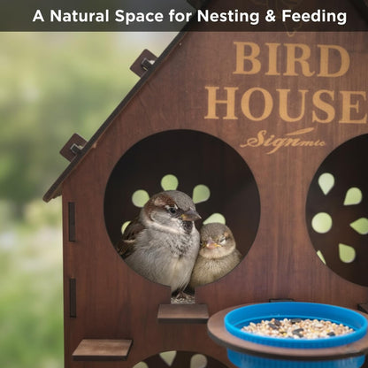 Signamio Upgraded Wooden Bird House with 4 Bird Space Option and Water Feeder - Large Bird Nest for Outdoor Use, Durable Birds Nest Home, Ideal for Birdwatching Enthusiasts