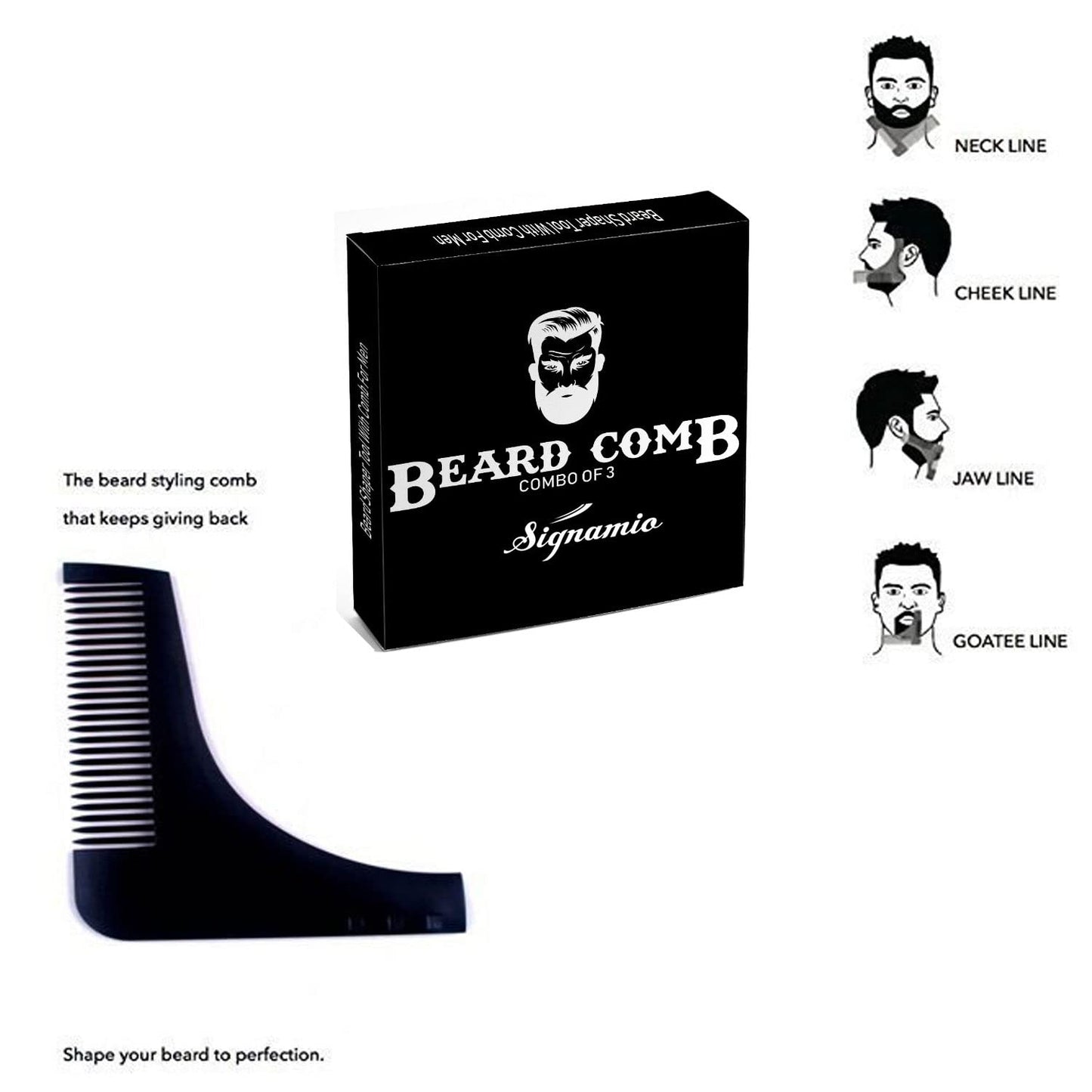 SIGNAMIO Set of 3 Multi Purpose Beard Shaper tool for Men | Beard Shaping Stencil Comb for men styling shave for neck line guide - Grooming kit - Black