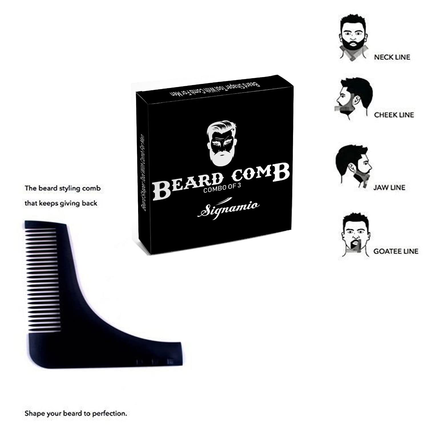 SIGNAMIO Set of 3 Multi Purpose Beard Shaper tool for Men | Beard Shaping Stencil Comb for men styling shave for neck line guide - Grooming kit - Black