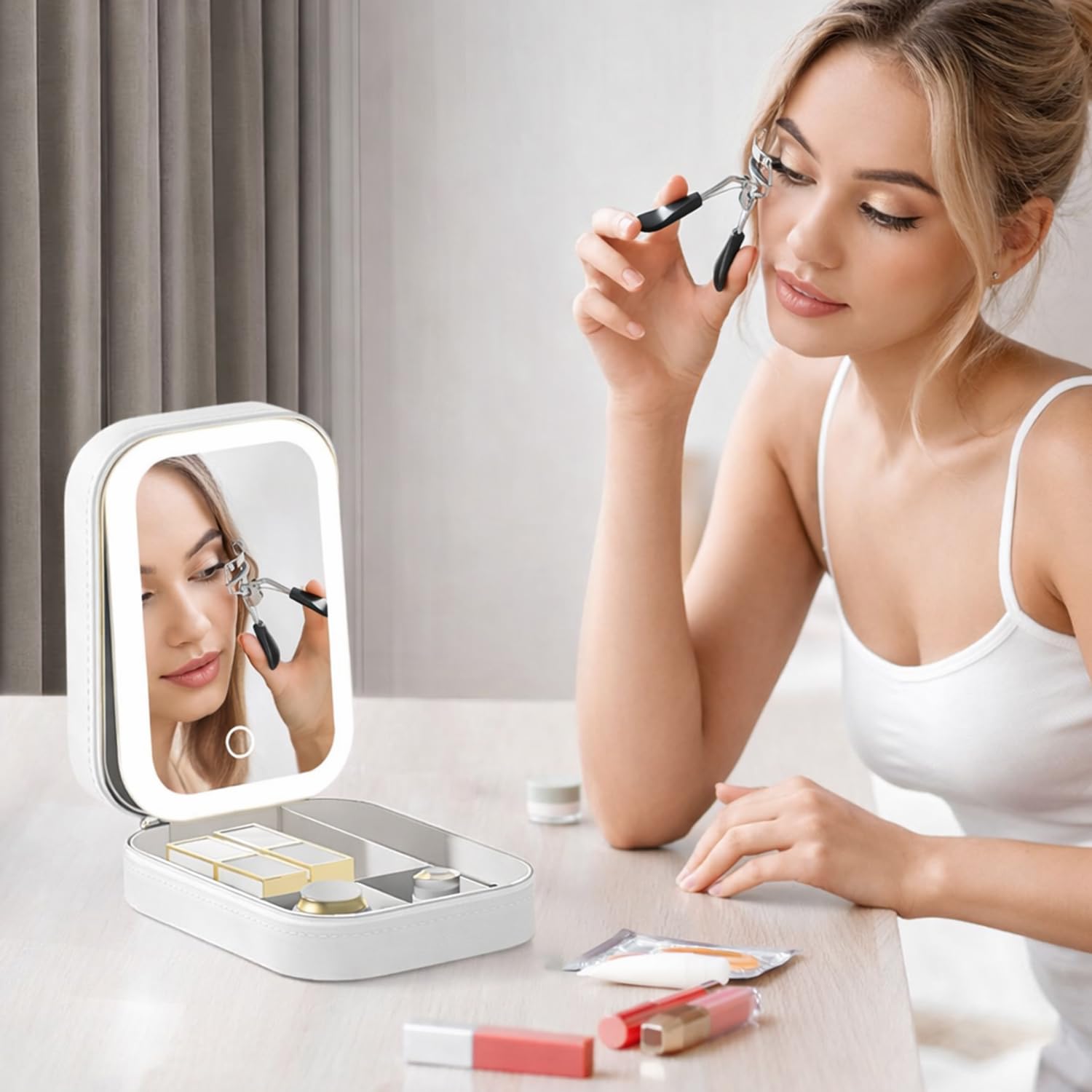 SIGNAMIO Compact Makeup Vanity with LED Mirror, Elegant Makeup Mirror with Light, Portable LED Mirror for Makeup, Stylish Vanity Table with Adjustable Lighting for Professional Results