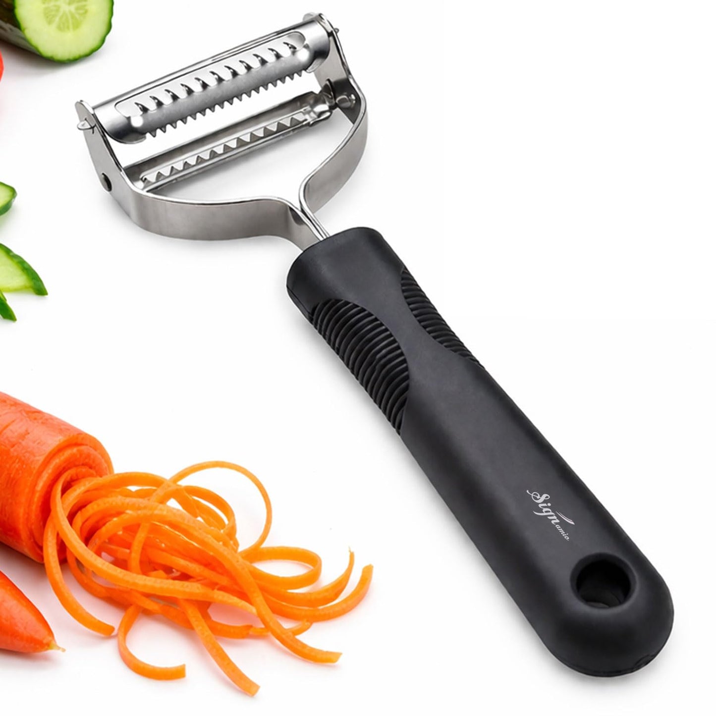 Signamio 2 in 1 Julian Peeler for Salad, Dual Blade Salad Peeler Kitchen Tool, Handheld Julienne Peeler for Salad for Quick Veggie Ribbons, Safe Grip Handle for Home Cooking Prep