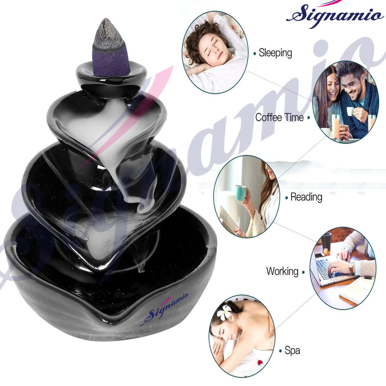 SIGNAMIO Ceramic Backflow Incense Fountain - 30 Cones Included for Pooja Meditation, Elegant Backflow Incense Holder, Aesthetic Incense Burner for Decor-DN-10, Pink