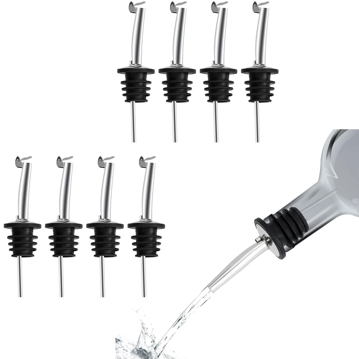 SIGNAMIO Oil Dispenser Nozzle Cap - Liquor Dispenser, Oil Pourer, Oil Bottle Cap for Kitchen Use, Fits Most Bottles, Easy Pour Spout, Leak-Proof Design, Stainless Steel, Set of 8