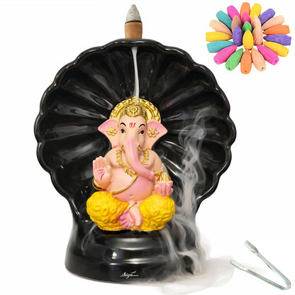 SIGNAMIO Ganesha Backflow Dhoop Smoke Fountain Aromatic Essence Of Ceramic Incense Burner Holder With 30 Cones For Meditation And Home Decor, Yellow