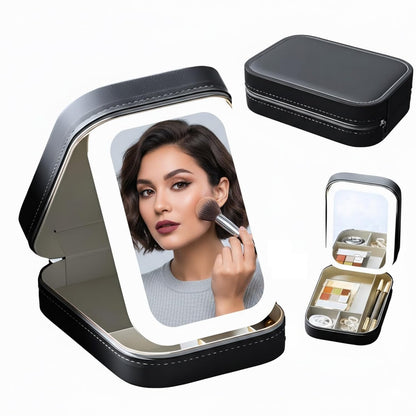 SIGNAMIO Compact Makeup Vanity with LED Mirror, Portable LED Mirror for Makeup, Stylish Vanity Table with Adjustable Lighting for Professional Results (Black)