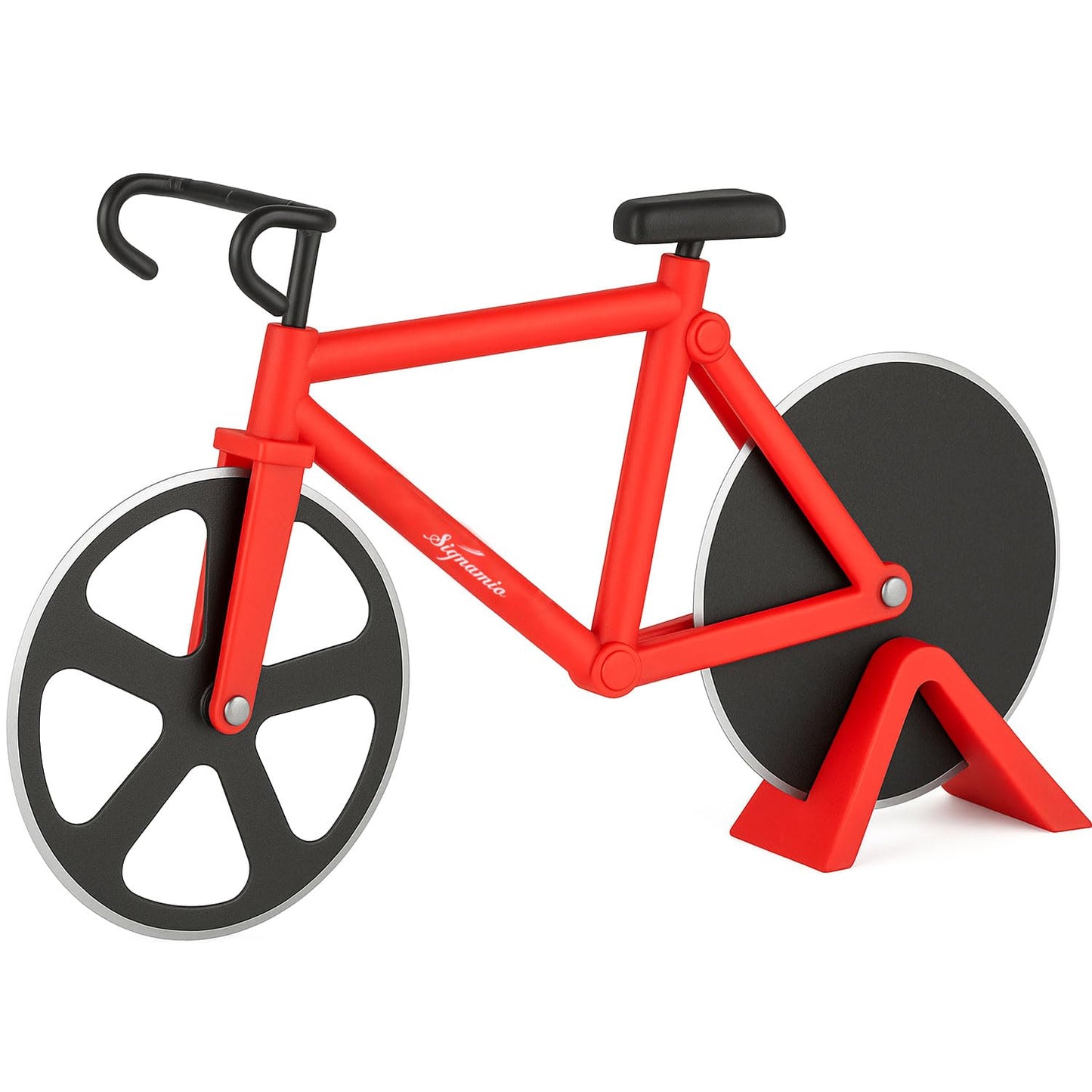SIGNAMIO® Bicycle Pizza Cutter and Sandwich Slicer - Red, Ergonomic Non-Slip Handle, Stainless Steel Pizza Wheel for Kitchen, Ideal Roti, Paratha, Chapati, Brownie & Slice Cutter