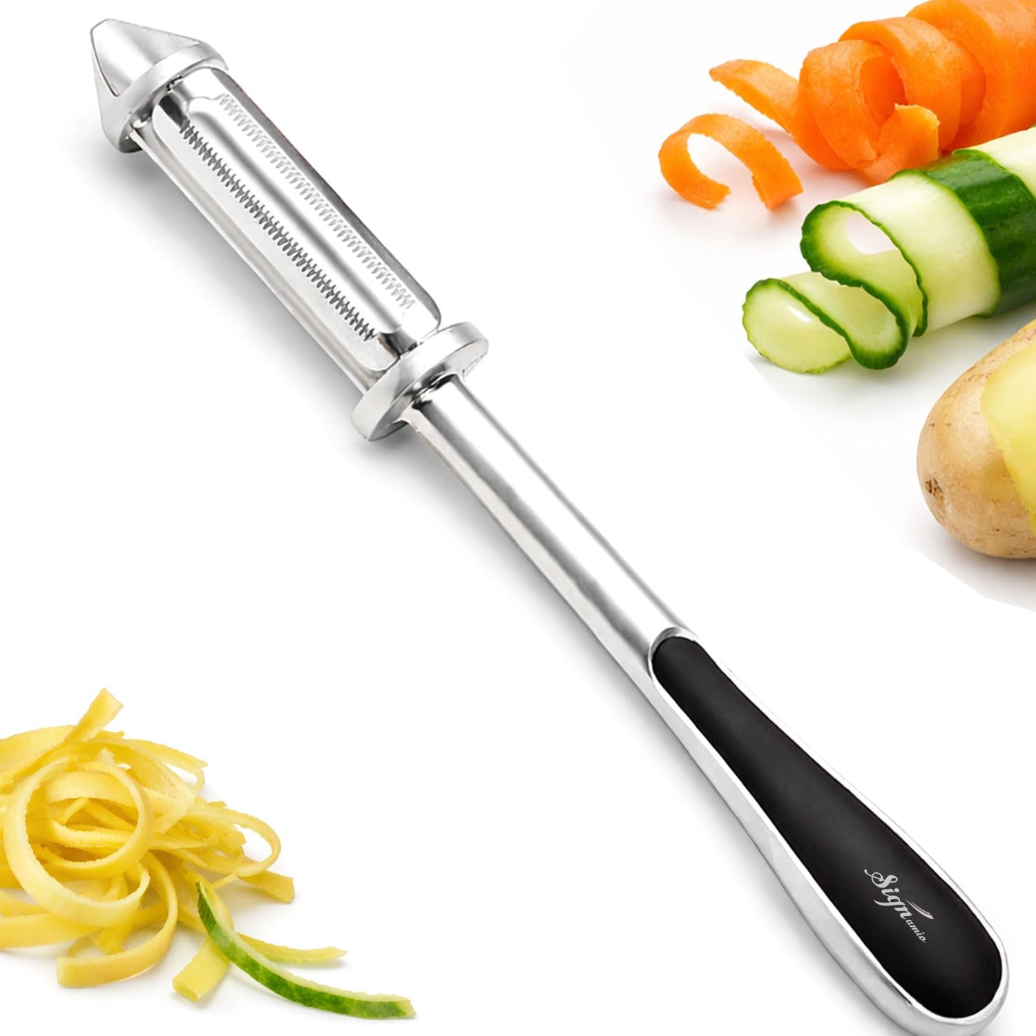 Signamio 2 in 1 Julian Peeler for Salad, Dual Blade Salad Peeler Kitchen Tool, Handheld Julienne Peeler for Salad for Quick Veggie Ribbons, Safe Grip Handle for Home Cooking Prep