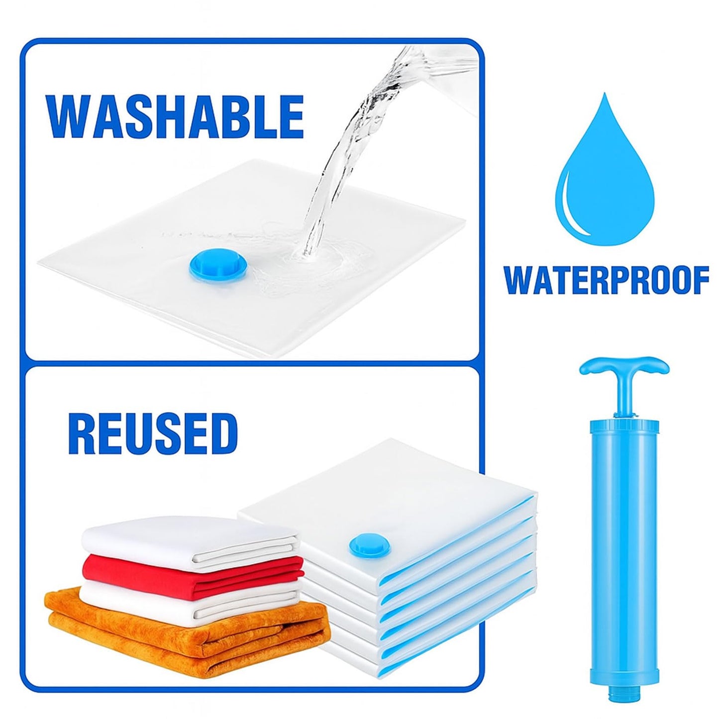 Signamio 5 Pack Smart Saver Vacuum Bags for Clothes with Pump (1 Large/2 Medium/2 Small) Reusable Travel Storage Bags with Hand Pump for Clothes,Vaccine Sealed Space Saver Compression Bags for Travel