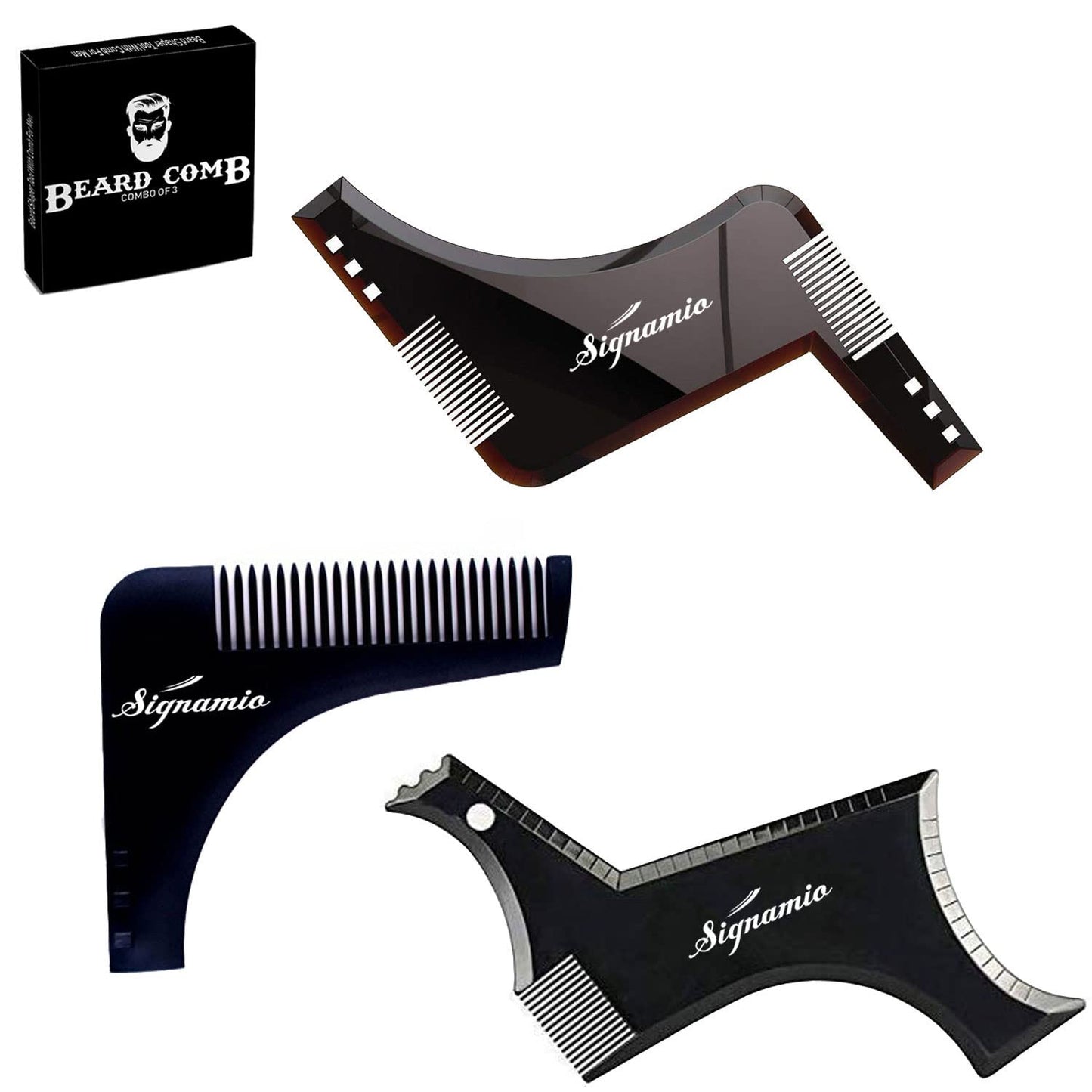 SIGNAMIO Set of 3 Multi Purpose Beard Shaper tool for Men | Beard Shaping Stencil Comb for men styling shave for neck line guide - Grooming kit - Black