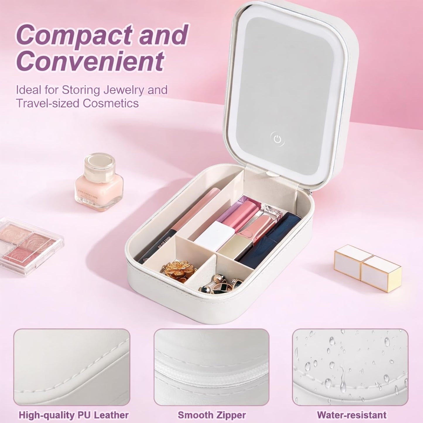 SIGNAMIO Compact Makeup Vanity with LED Mirror, Elegant Makeup Mirror with Light, Portable LED Mirror for Makeup, Stylish Vanity Table with Adjustable Lighting for Professional Results