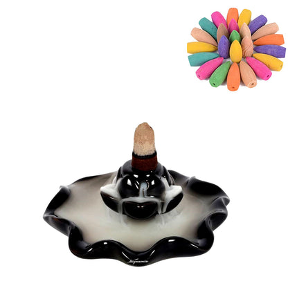 Signamio Ceramic Decorative Incense Stick Stand with Backflow Incense Smoke Fountain - 30 Cones Included for Pooja Meditation, Backflow Incense Burner Holder for Decor