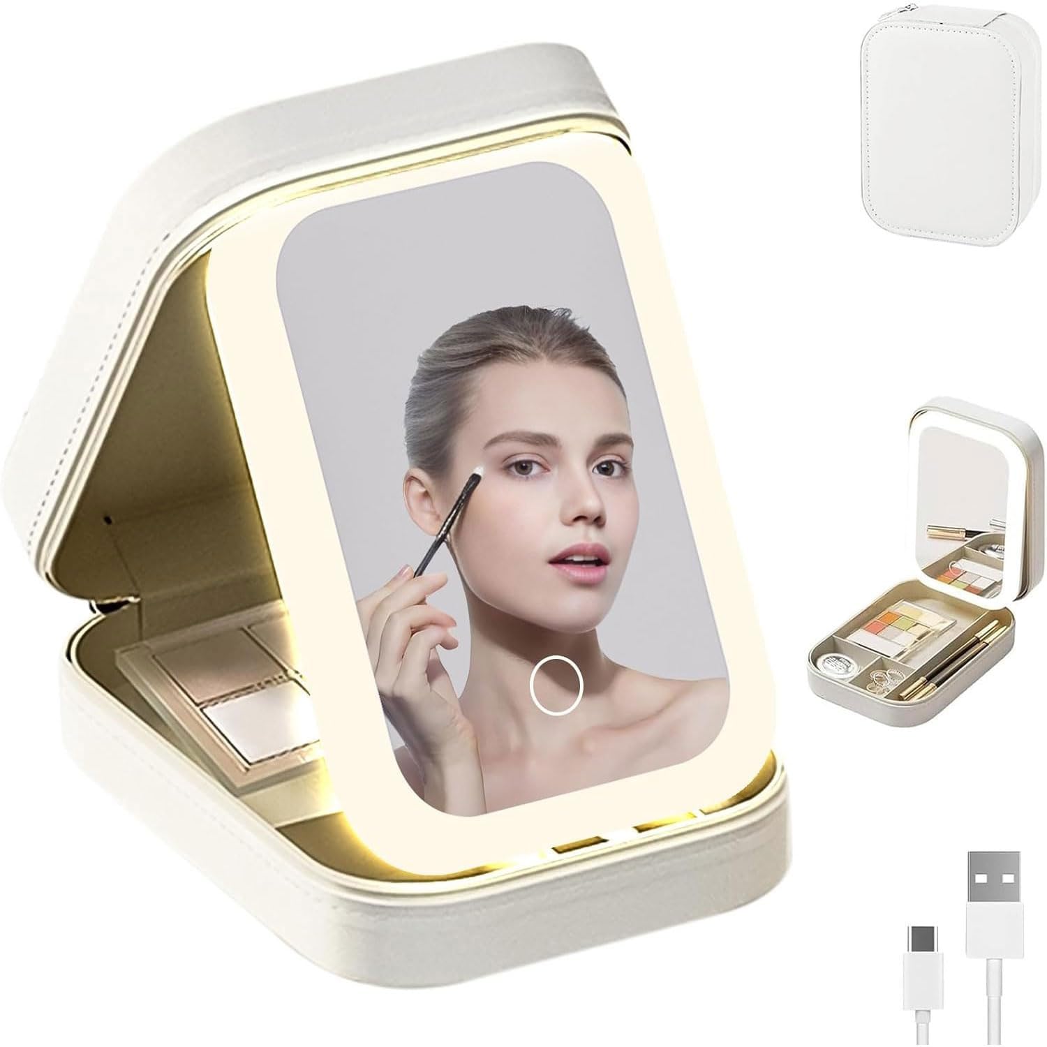 SIGNAMIO Compact Makeup Vanity with LED Mirror, Elegant Makeup Mirror with Light, Portable LED Mirror for Makeup, Stylish Vanity Table with Adjustable Lighting for Professional Results