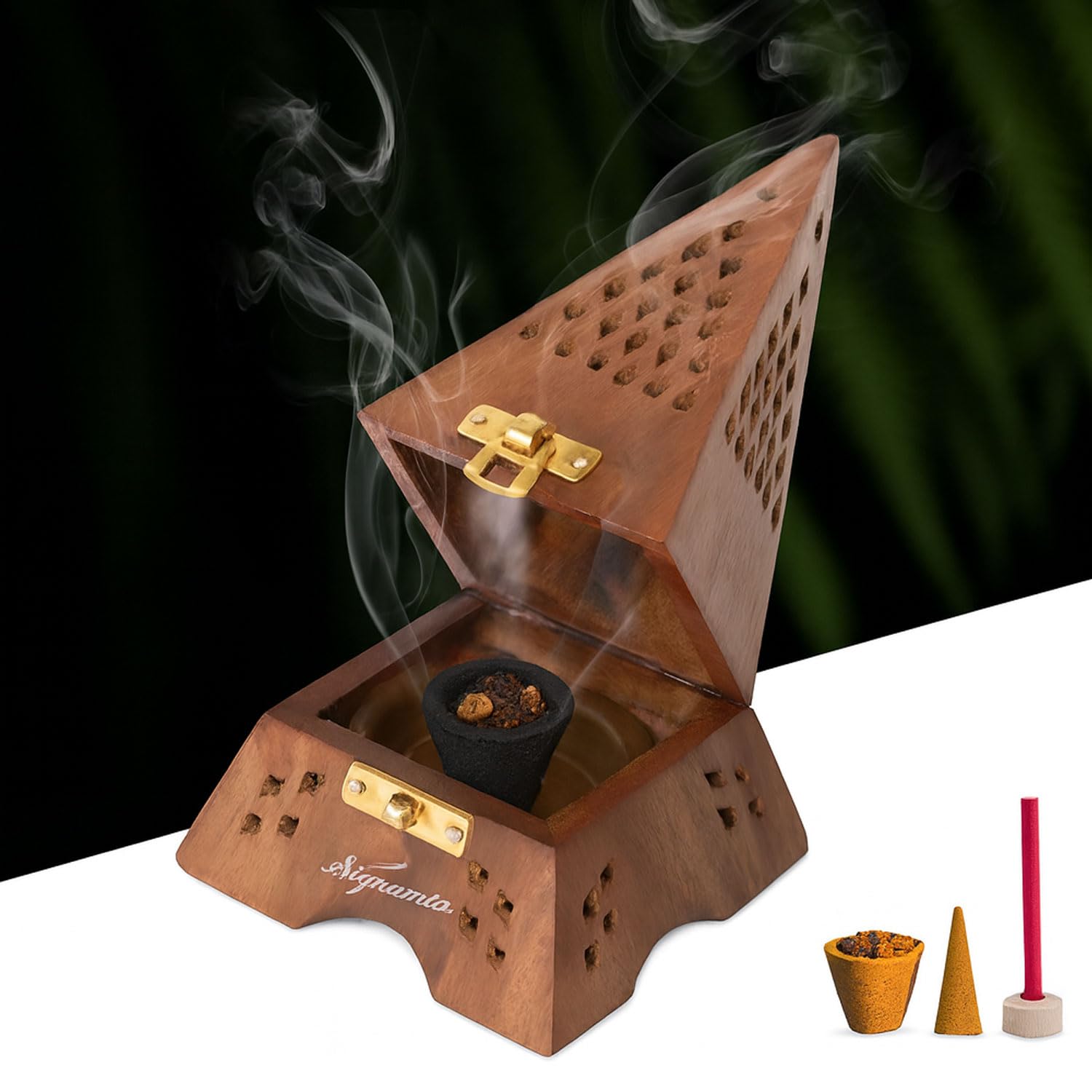 Signamio Wooden Sambrani Dhoop Holder with Handle - Elegant Bakhoor Burner, Loban Burner, Dhoop Dani with Handle, Premium Dhoop Stand for Home Use, Handcrafted Design, Durable Construction -DN-1