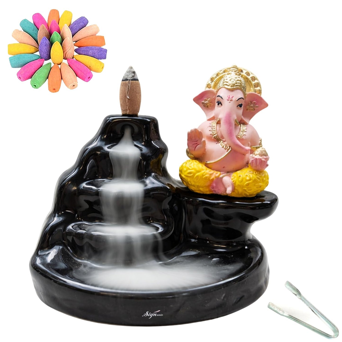 Signamio Ram Lalla Murti Ceramic Backflow Smoke Fountain - Hand Pattern Ayodhya Ram Idol Decor - Ram Lala Idol for Home Temple with 30 Cone