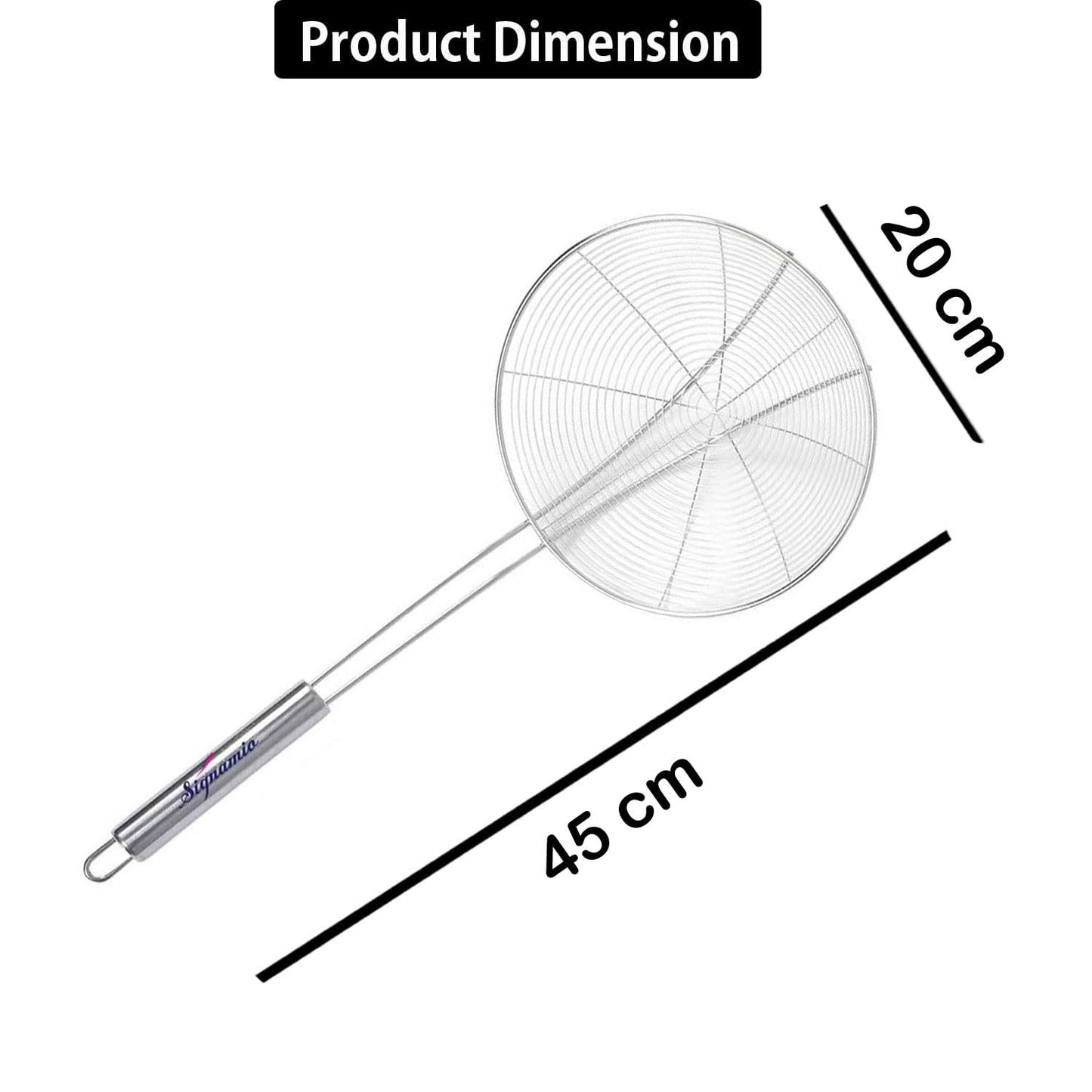 Signamio Diameter 20 cm Stainless Steel Deep Fry Net Spoon Oil Strainer for Kitchen - Frying Spoon for Puri & Poori Strainer Kitchen Utensil for Frying, Cooking & Straining Tool Steel Handle