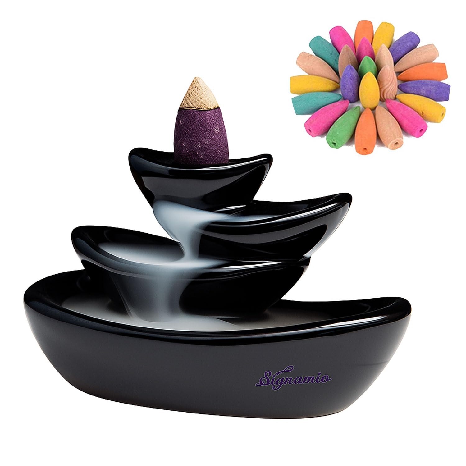 Signamio Ceramic Backflow Incense Fountain - 30 Cones Included for Pooja Meditation, Elegant Backflow Incense Holder, Aesthetic Incense Burner for Decor-DN-24